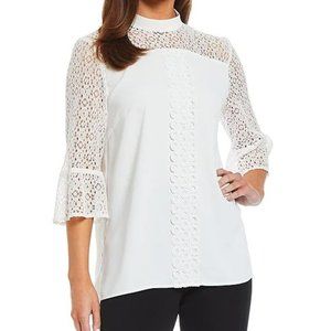 Sheer Lace Trim Crepe de Chine Mock Neck 3/4 Sleeve Blouse